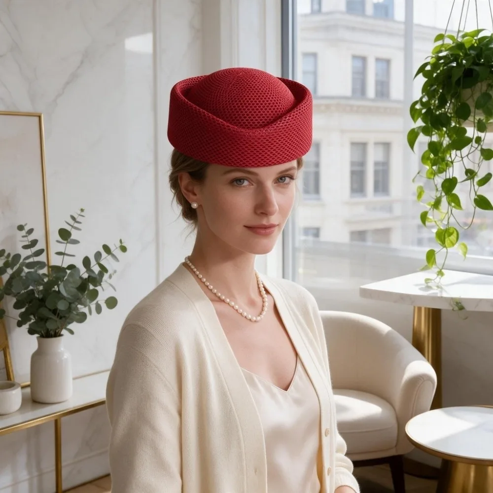 Vintage Breathable Mesh Beret Hat Hollow Lightweight Knitted Beanie Solid Color Vintage Design Casual Stewardess Cap Countryside