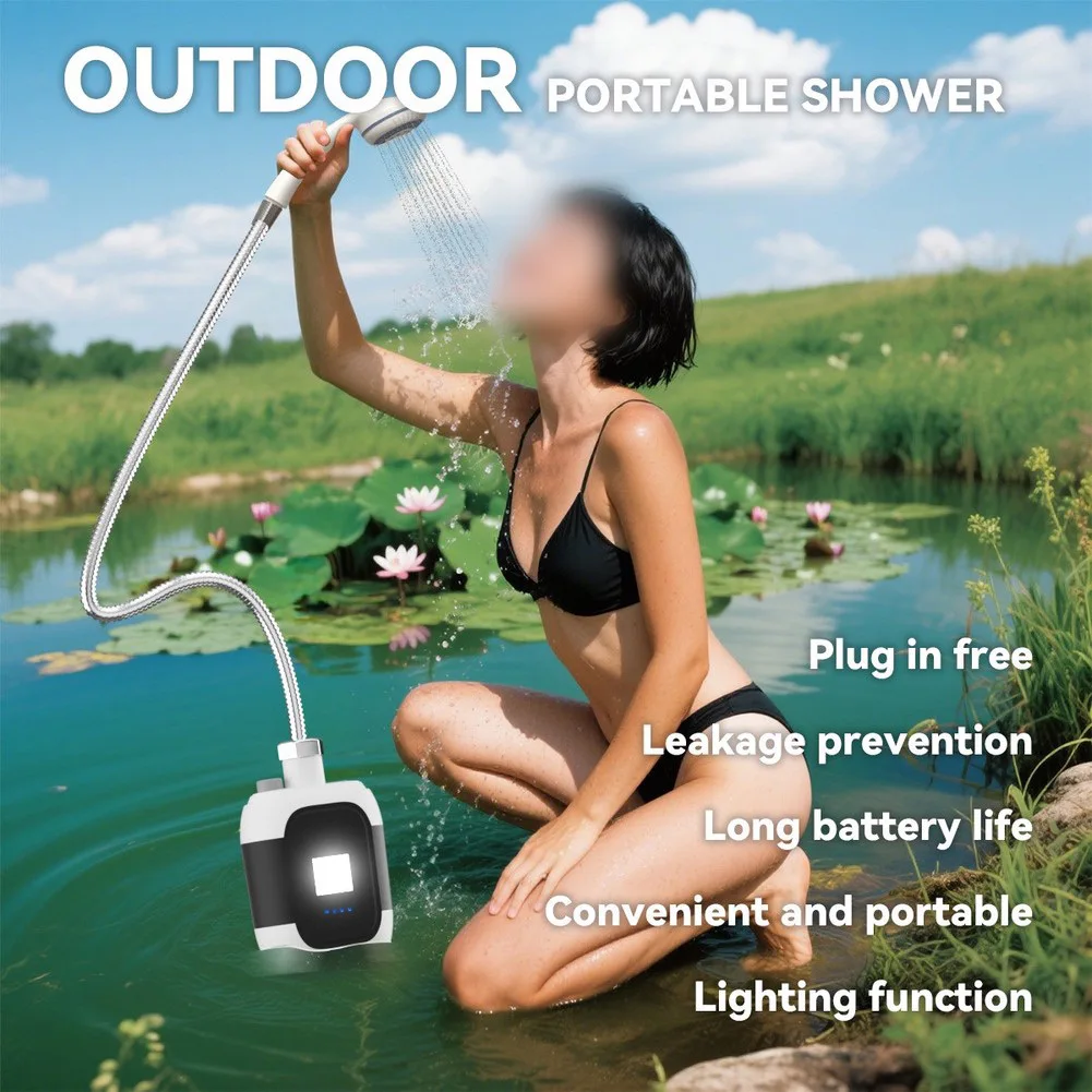 Waterproof Portable Camping Shower with Rechargeable Pump Integrated LED Light and Compact 9x5.7x14.2cm Design