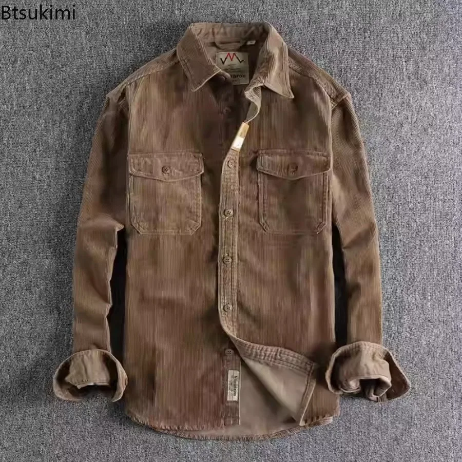 

Solid Color Corduroy Vintage Shirt for Men Spring Fashion Simple Basic Long Sleeve Blouse Simple and Versatile Shirt Coats Tops