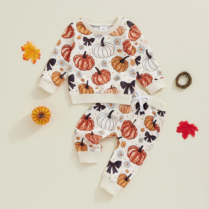 0-3Y Baby Girl 2Piece Halloween Pumpkin All-over Print Outfit Sets Long Sleeve Sweatshirt +Elastic Waist Pants with 3D Bow Decor