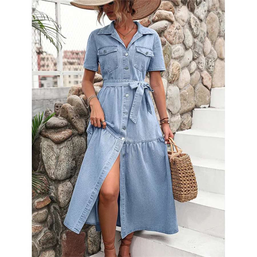 Benuynffy Elegant Button Front Belted Denim Dress Women's Short Sleeve Loose Casual Lapel Big Swing A-line Summer Long Dresses