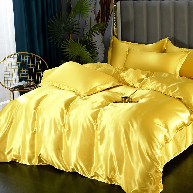 Silk Bedding Set with Duvet Cover Bed Sheet Pillowcase Luxury Satin Bedsheet Solid Color Double Single King Queen Full Twin Size