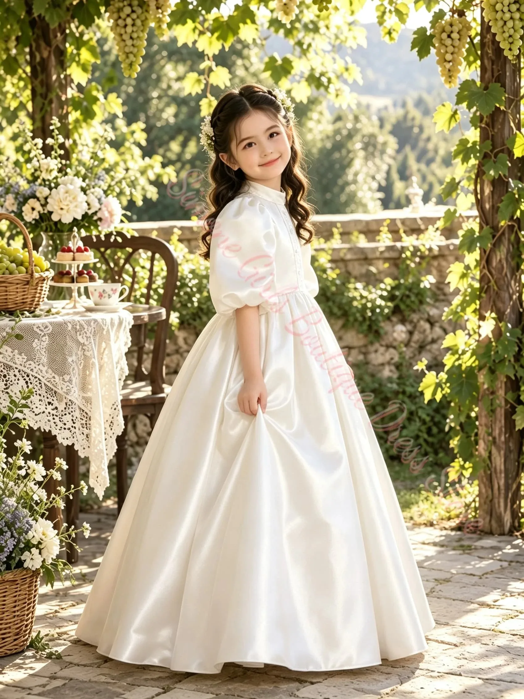 Customized ivory Little Bridesmaid Flower Girl Dress For Wedding Satin Half Sleeve Kids Birthday Party First Communion Ball Gown