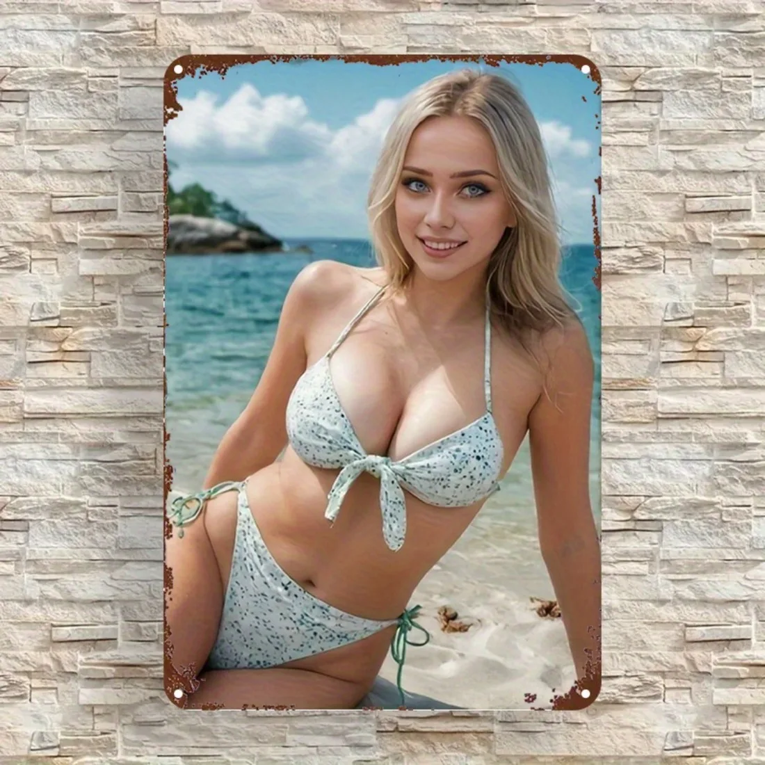 （2D Tin painting）HD Metal Tin Sign Smiling Blonde in Speckled Bikini Retro Wall Decor for Man Cave & Beach Summer Style Room