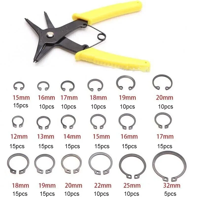 225Pcs C-type Washers with Circlip Pliers Set Circlip Gasket Retaining Ring Shaft Stop Snap Ring Tool Car Accessories M12-M32