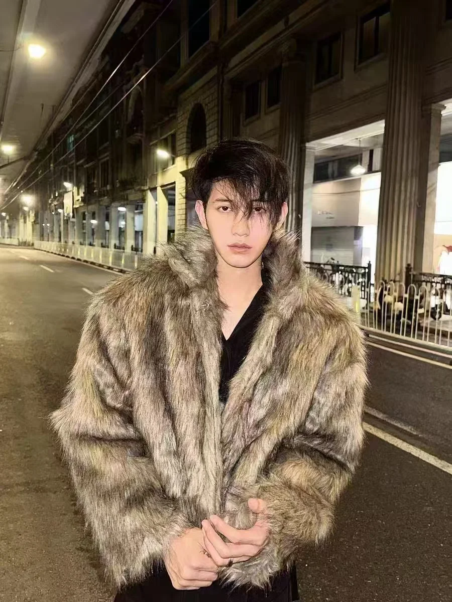 

2025 Men's Winter Warm Thicken Coat Artificial Fox Fur Plush Overwear Trendy New Street Fashion Outerwear Male Tops