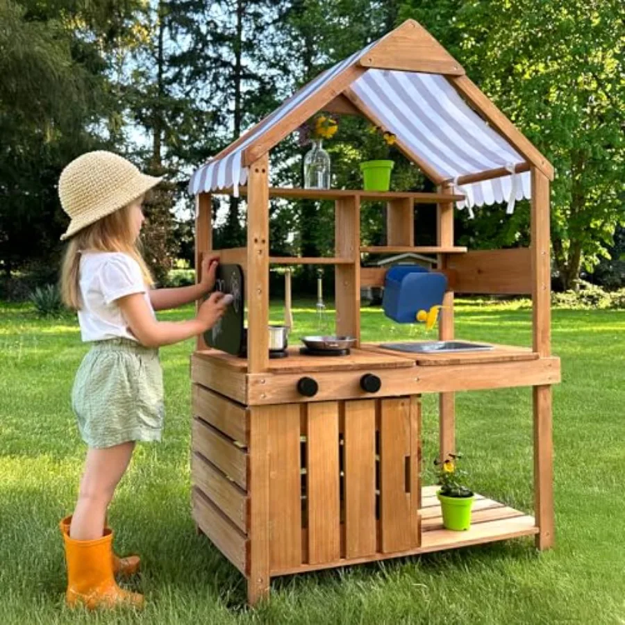 

Outdoor mud kitchen for kids, solid fir wood, natural wood color, weather-resistant canopy, chalkboard, flower pot, gardening t