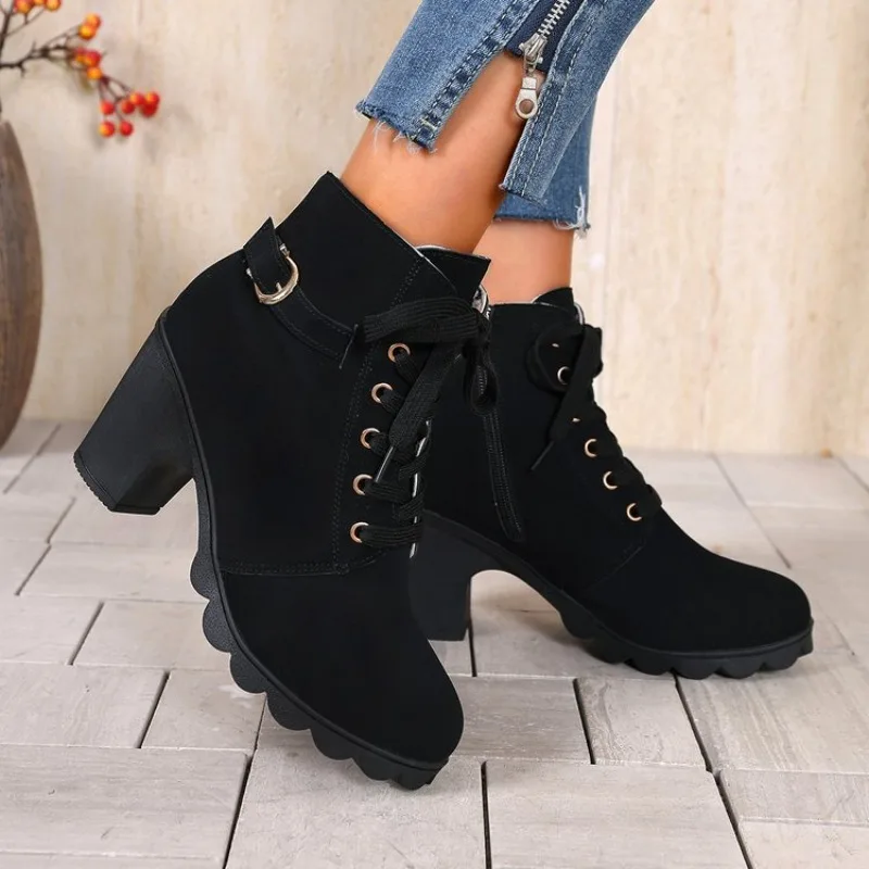 Women Ankle Boots Leather PU Elegant Mid Heels Retro Short Boots Fashion Pointed Toe Lace-up Black Summer Boots Plus Size 35 43