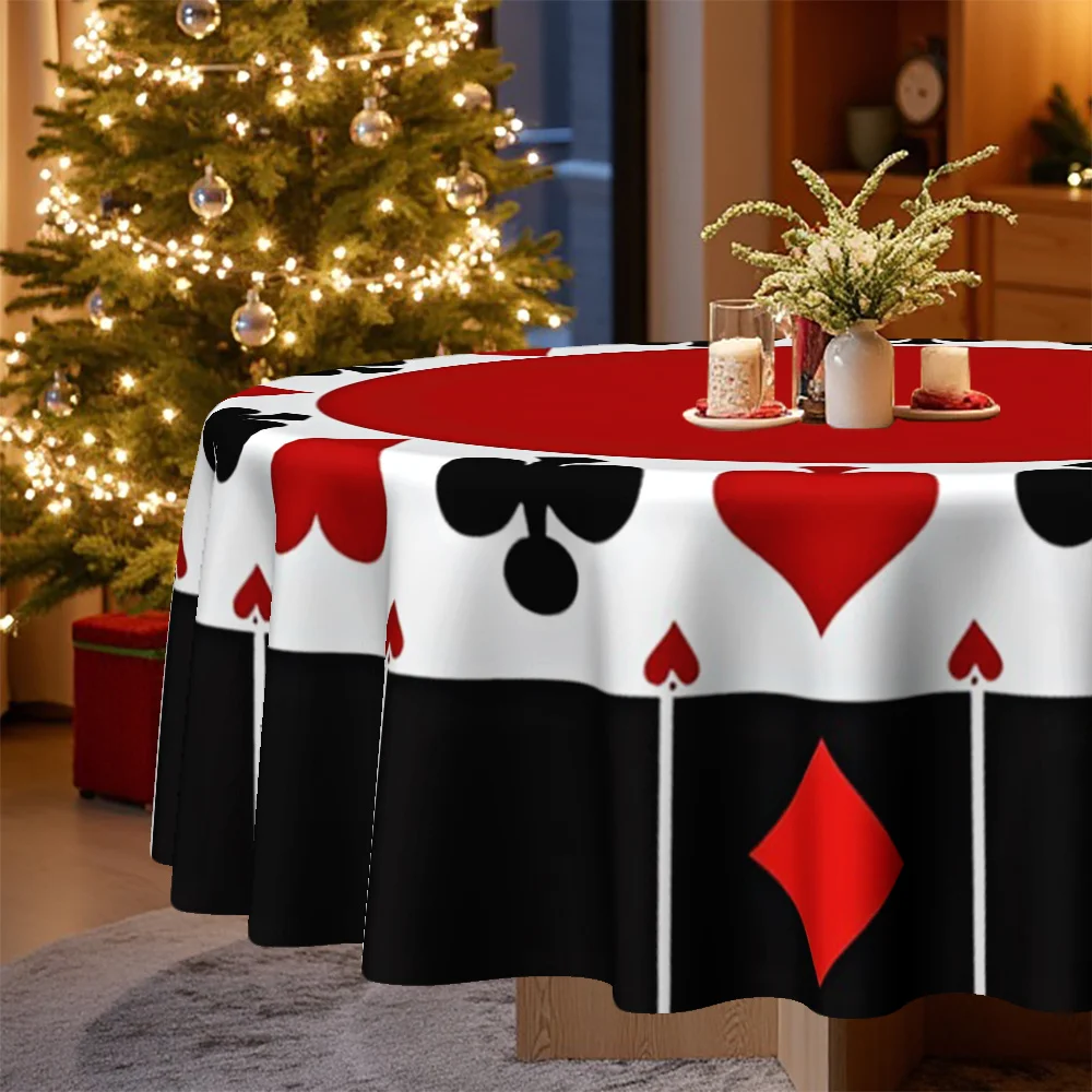 A round tablecloth with themes of Christmas, Easter and playing cards, perfect for family gatherings