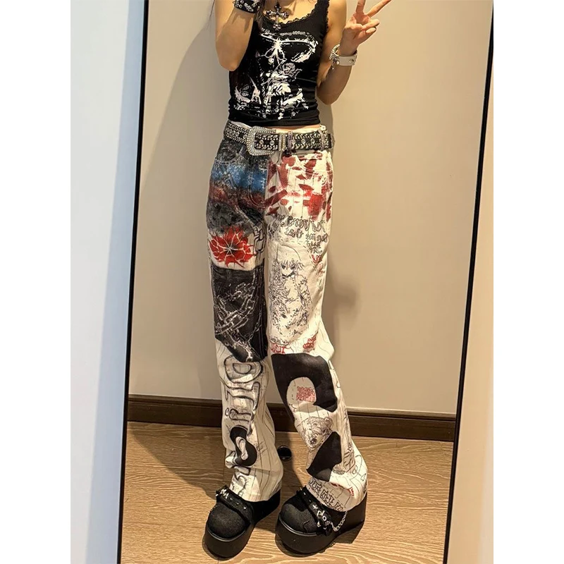 

Осень 202, женские винтажные джинсы-карго с принтом граффити Y2k, американские мешковатые джинсовые брюки в стиле Харадзюку в стиле ретро, японские брюки 2000-х годов