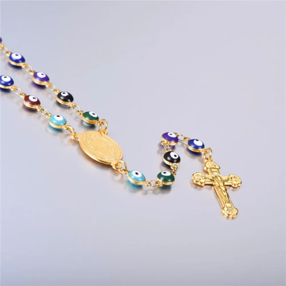 ChainsPro Evil Eye Beaded Rosary Necklace Women Link Chain Gold Color Stainless Steel Saint Benedict Medal Cross Necklace