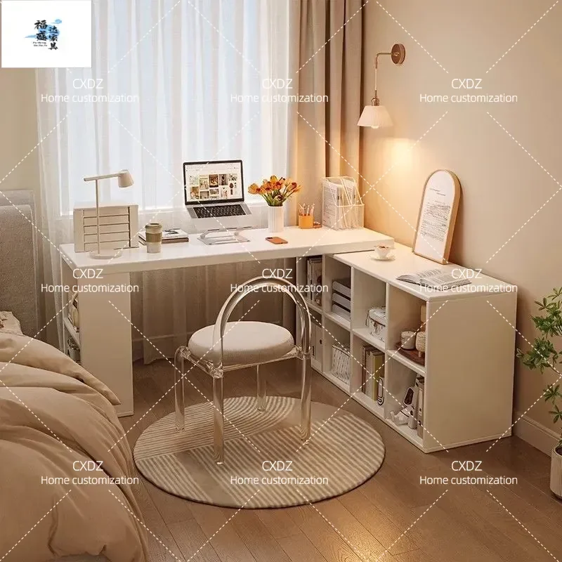 Modern Solid Wood Corner Desk Bedroom Simple Bedside Computer Table with Integrated Bookshelf Space Saving Study Workstation
