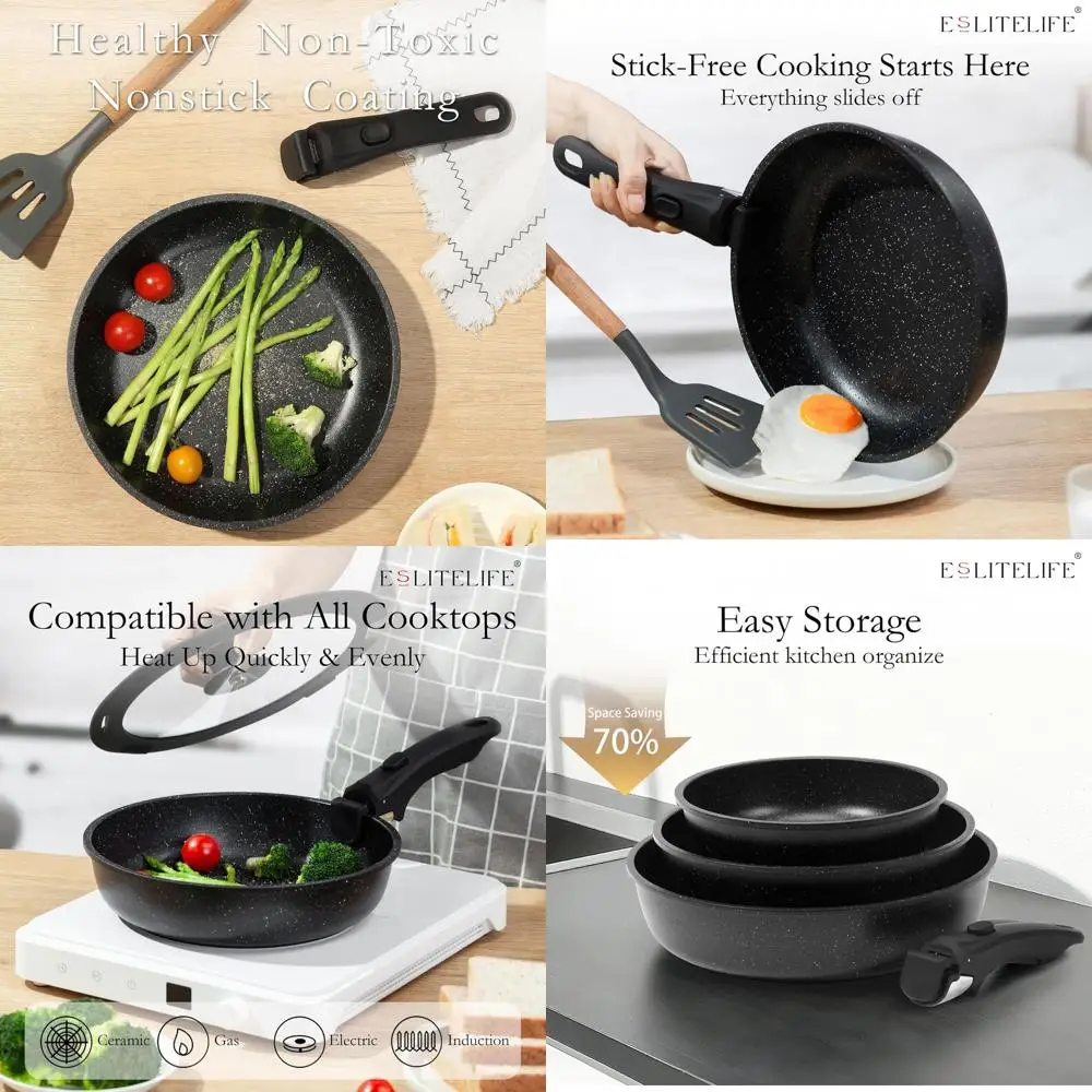 

Ceramic Non-Stick Frying Pan Set with Lids & Removable Handles, Safe for All Cooktops, 7-Piece, Black