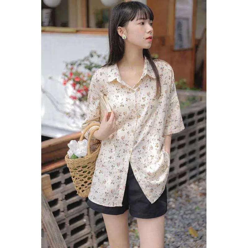 

209 Antique ort-Sved irt for Women Summer New Casual Sle Cotton Blend Floral Embroidery Knot