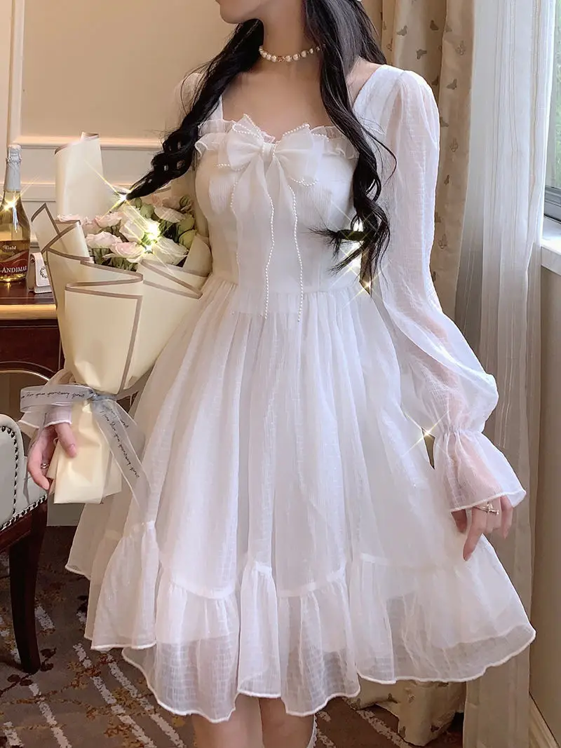 Woherb French Summer Dress Women White Puff Long Sleeve Korean Style Fairy Dresses Mesh Bow Kawaii Elegant Vintage Vestidos