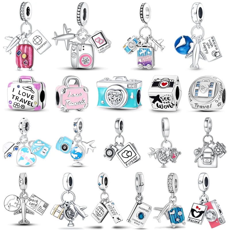 

Hot Sales 925 Silver Airplane Suitcase Camera Passport Love Global Travel Pendant Beads Fit Pandora Charms Bracelet Fine Jewelry