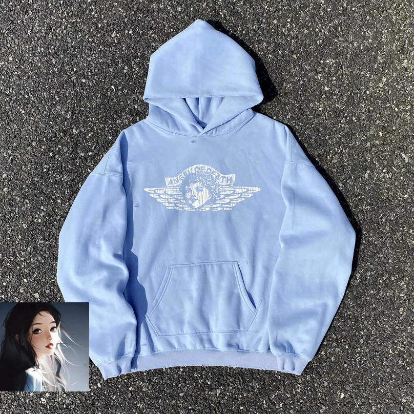 Blue SAINT Cracked Angel Print Graphic Hoodie Fleece Men's Women's Clothing Vintage Wash Cut Hole Damaged Loose Sweatshirts