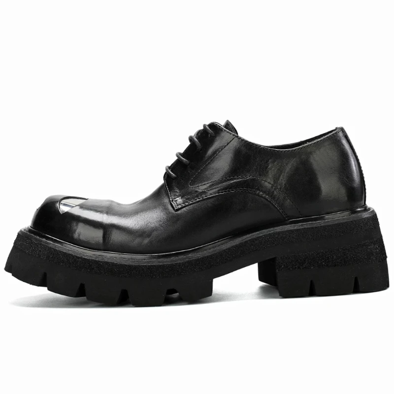 European/American Olive Green Design Iron Toe Derby Shoes Men's Upturned Toe Height Increasing Shoes Genuine Leather Dress Shoes