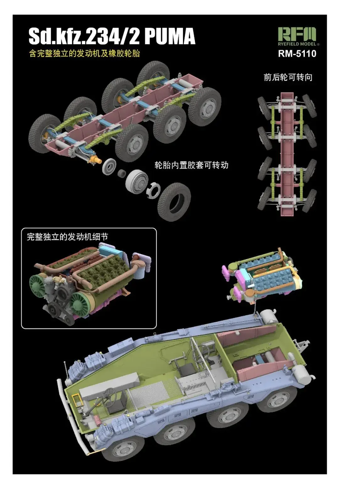 RYEFIELD MODEL RFM RM-5110 1/35 German Sd.kfz.234/2 With Engine Parts - Scale Model Kit