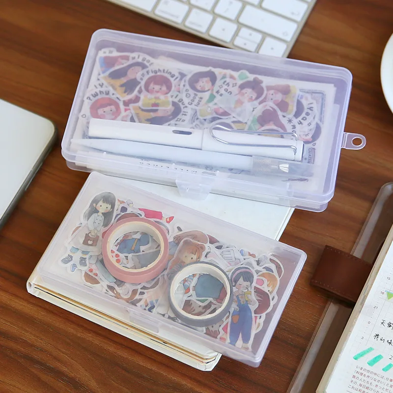 1pc Transparent Storage Box Desktop Storage Container Rectangle Stickers Stationery Case Small Cards Organizer Case Art Tool Box