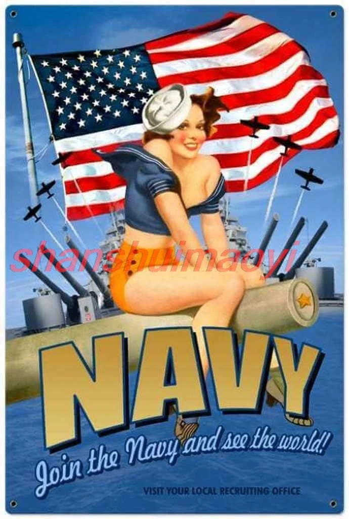 HomDeo Tin Sign Novelty Metal Signs Wall Decor Navy Pinup - Pin-Up Girl Retro Vintage Plaque Poster for Home Club Bar Pub T sign