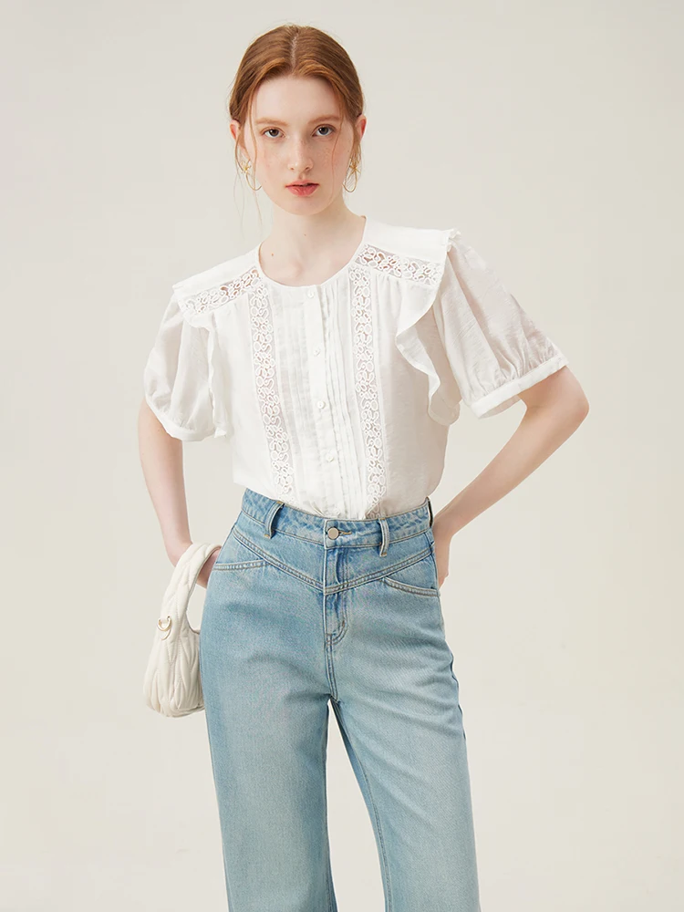 FSLE Women Short Sleeve Blouse Summer New White Temperament Single Breasted Shirts Lace Design Female Blouse 24FS12998