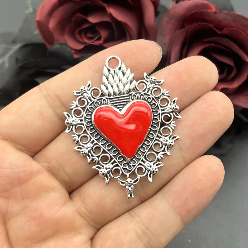 1 pz 67*54mm grande Boho filigrana cuore opaco ciondoli ciondoli per collana fai da te accessori per la creazione di gioielli smaltato sacro cuore