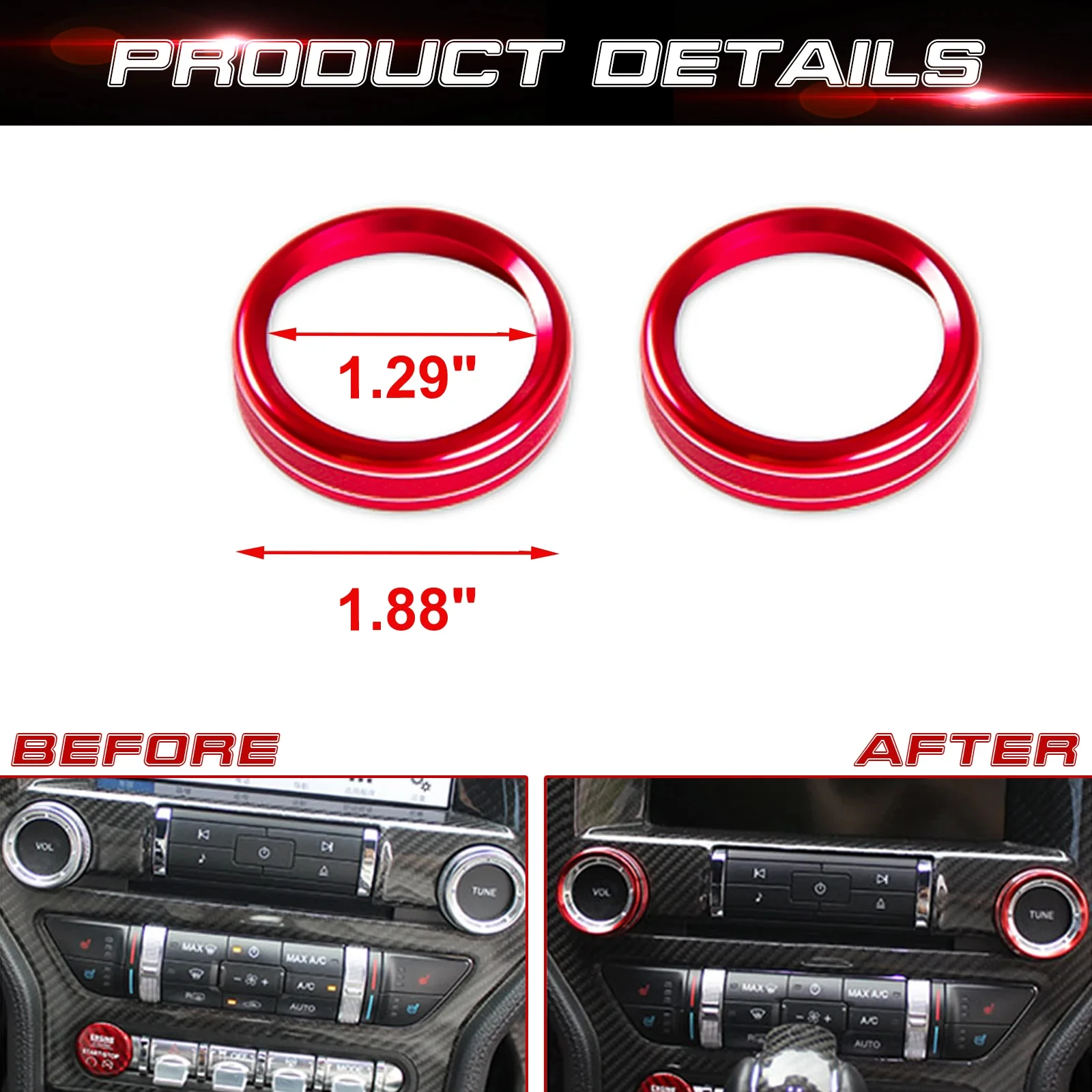RED Interior Stereo Audio VOL TUNE Button Control Switch Knob Cover Surrounding Ring JDM Style Decor For Ford Mustang 2015-2023