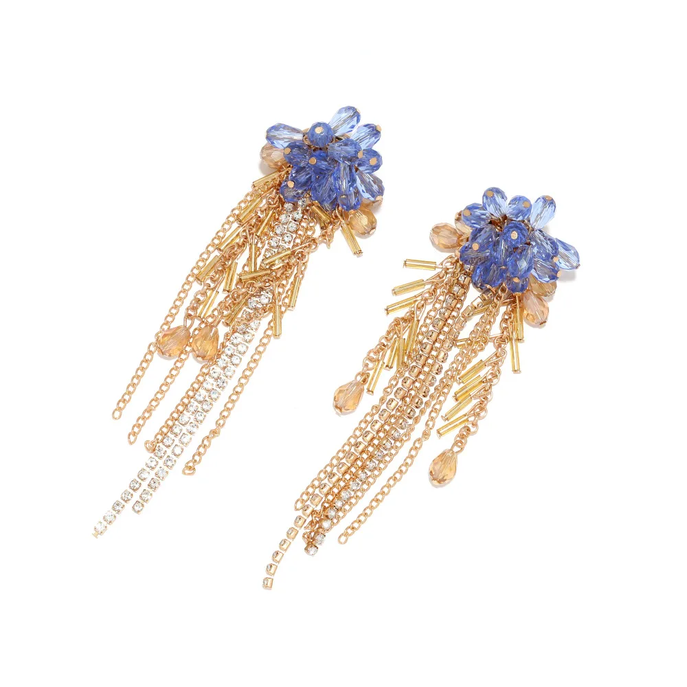 Neuheiten: Rote Blumen-Kristall-Strass-Quasten-Ohrringe für Damen, Modischer Schmuck für Hochzeit, Braut und Party – Detail 6