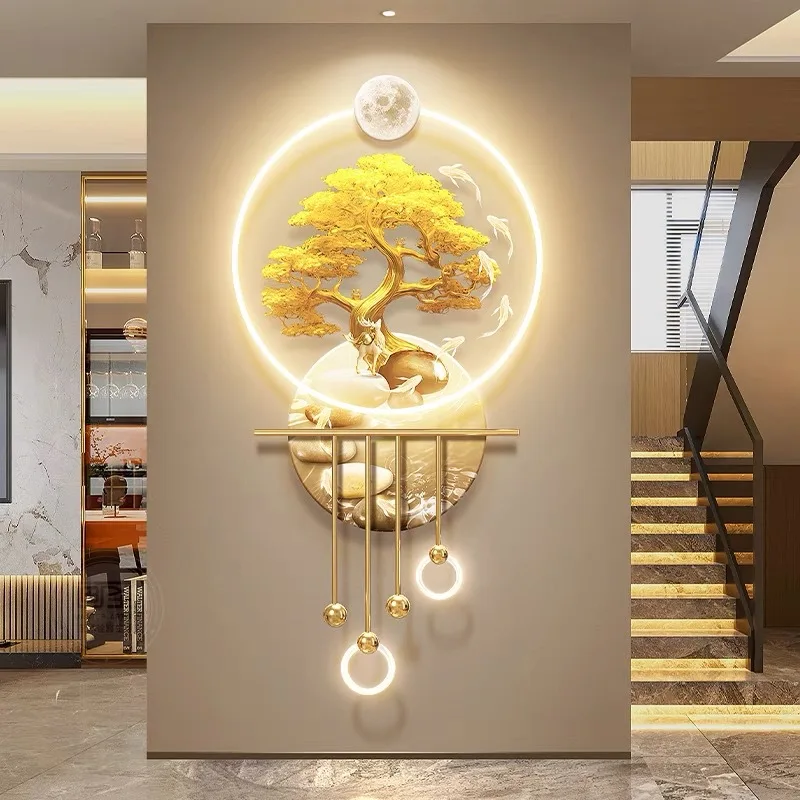 Japanese-style Landscape Painting Goldfish LED Wall Lights Premium Feel Feature Wall Decoration Living Room Lobby Luminous Mural