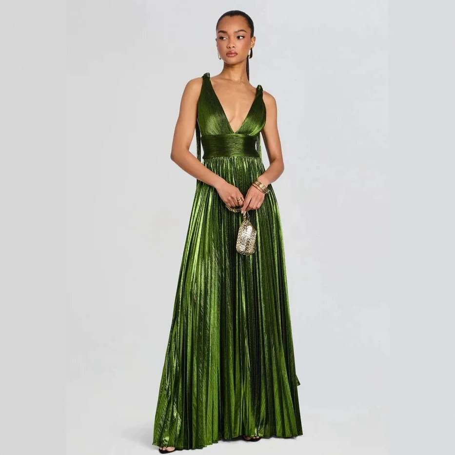 2026 Spring, Summer, Autumn. Collection Pleated V-neck Backless Long Gown. With Wide Hem 96067 Birthday Dress Party Sexy Outfits
