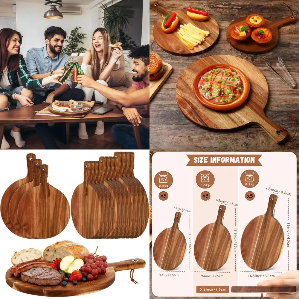 Conjunto de 15 placas de madeira de acácia com alça - grande, médio e pequeno para servir, cortar e assar