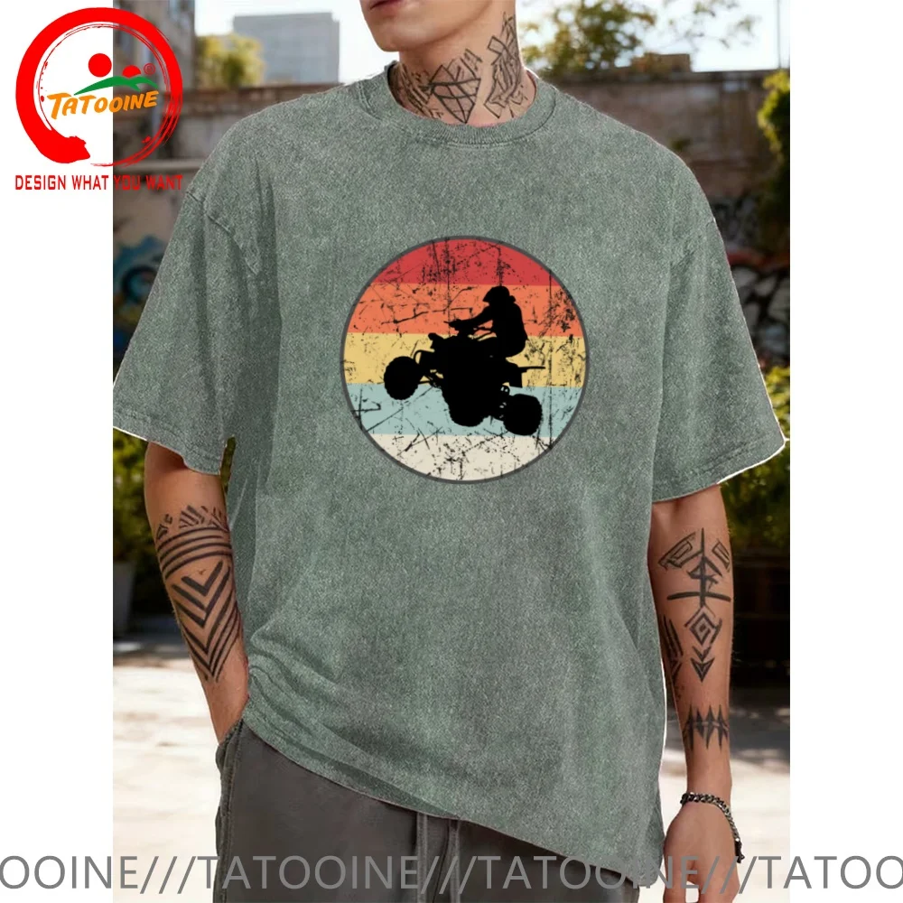 Vintage Washed Cotton T-Shirt Funny Designer ATV Quad driver in a retro vintage circle T Shirt Men Fashion Trendy Casual Clothin
