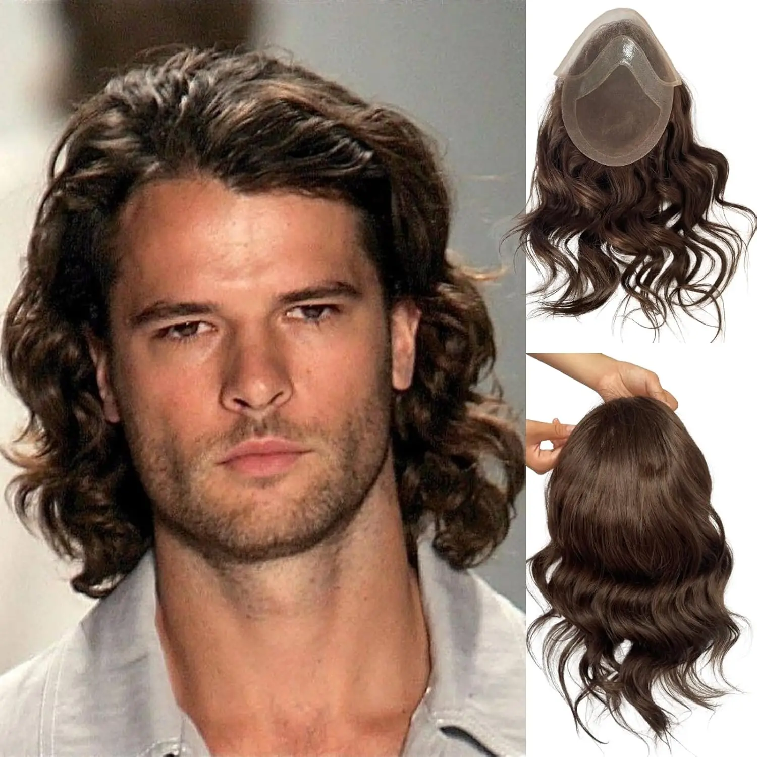 

Men 12inch Long Human Hair Toupee for Men Loose Wave 10"x8" Hair Replacement System Hairpieces Natural Hairline Lace Front