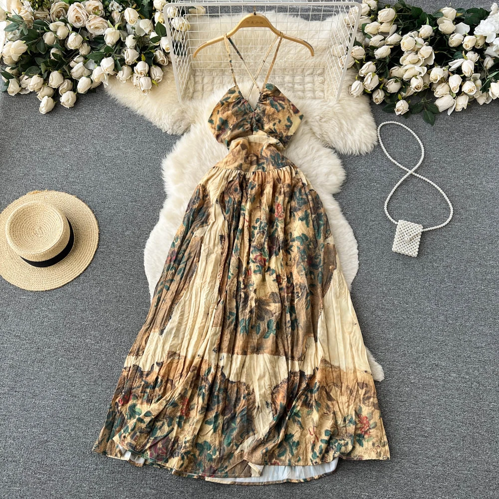 

Bohemia Backless Beach Maxi Dress Women Summer Sleeveless Print Vintage Spaghetti Strap Long Dress Evening Party Slip Dresses