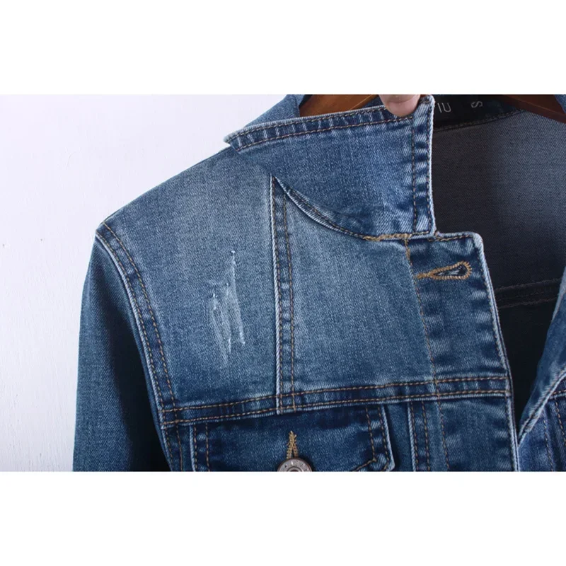 Giacca di jeans blu lavato vintage Harajuku Primavera Autunno Donna Capispalla corto da cowboy Cappotto da giacca di jeans sfilacciati a maniche lunghe con risvolto