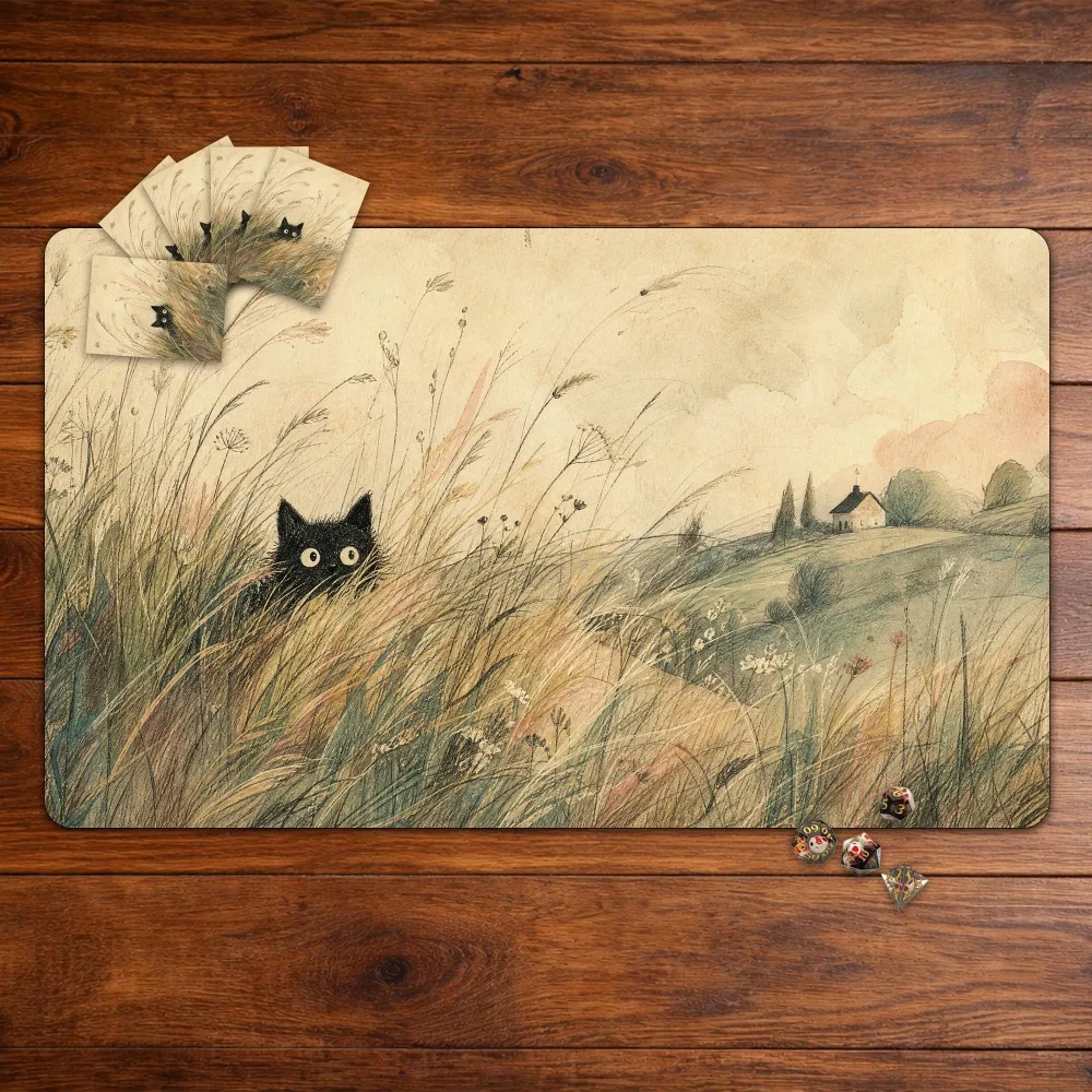 MTG Commander Playmat, Cat in Tall Grass palymat, Familiar Fantasy Magic The Gathering EDH Card Game Rubber Base Gaming Mat
