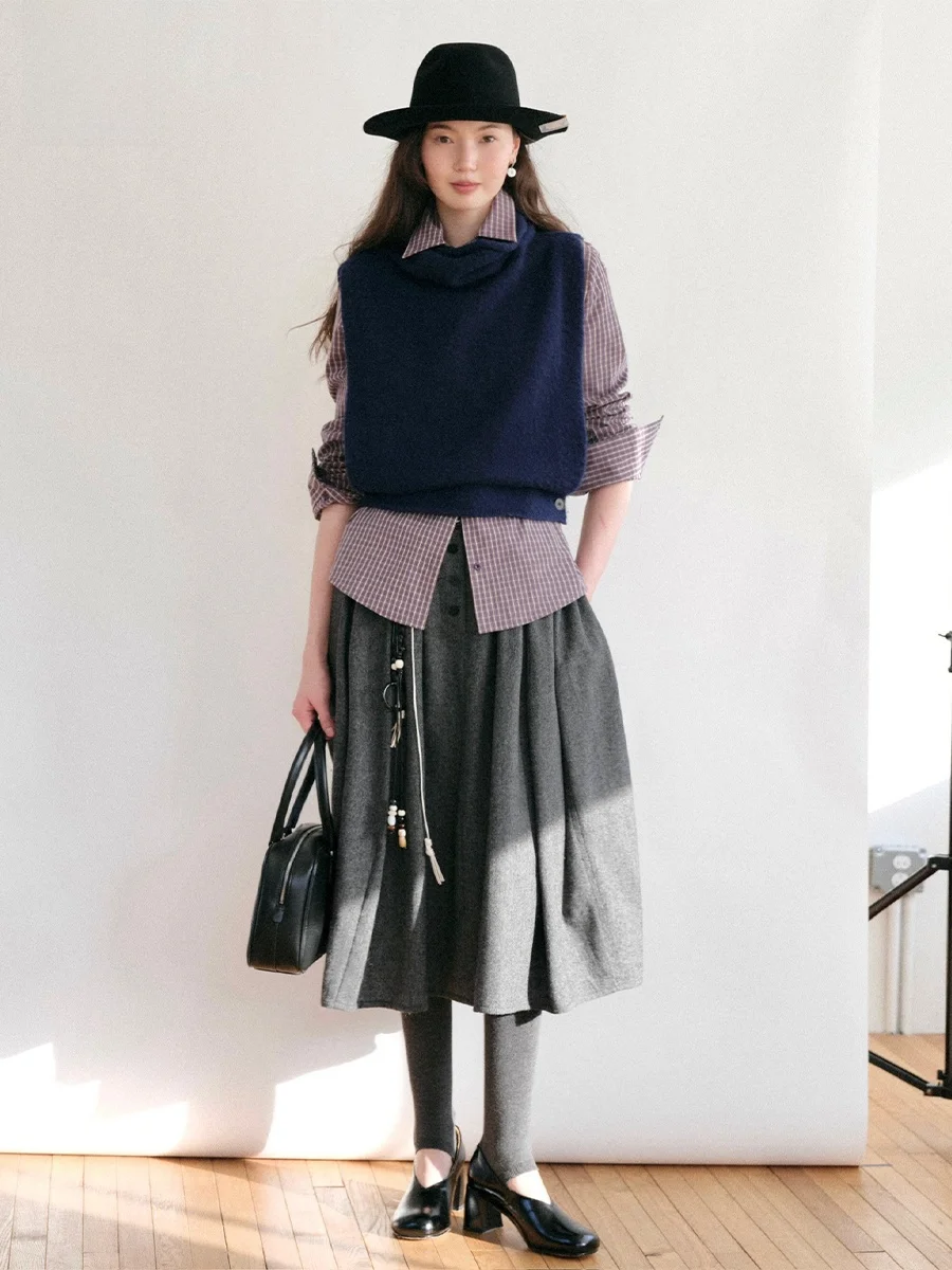 

Винтажная юбка из шерстяной смеси с силуэтом «баллон», эластичным поясом и сборками, осенне-зимняя, женская, ретро, с высокой талией, А-силуэт