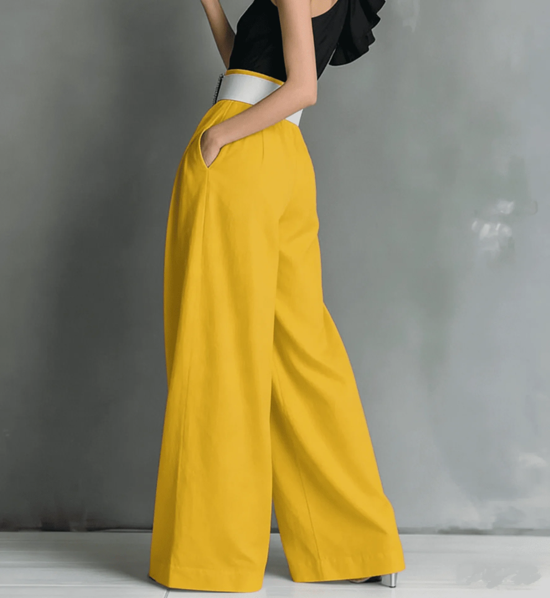 Damen High-Waist Weite Hosen mit Quadratischem Schnallenverschluss, Plissierte Lose Lange Hosen für Büro, Abend und Party – Detail 22