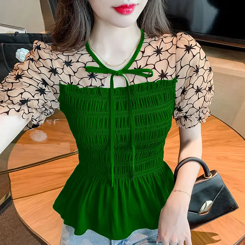 

2024 Summer New Korean Stylish Puff Sleeve Blouse Classic Contrast Color Spliced Collect Waist Slim Age Reduction All-match Tops