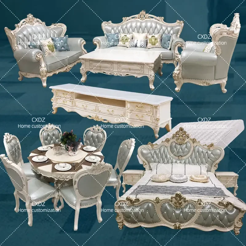 European-style leather sofa, living room combination complete set, whole house luxury villa French-style European and