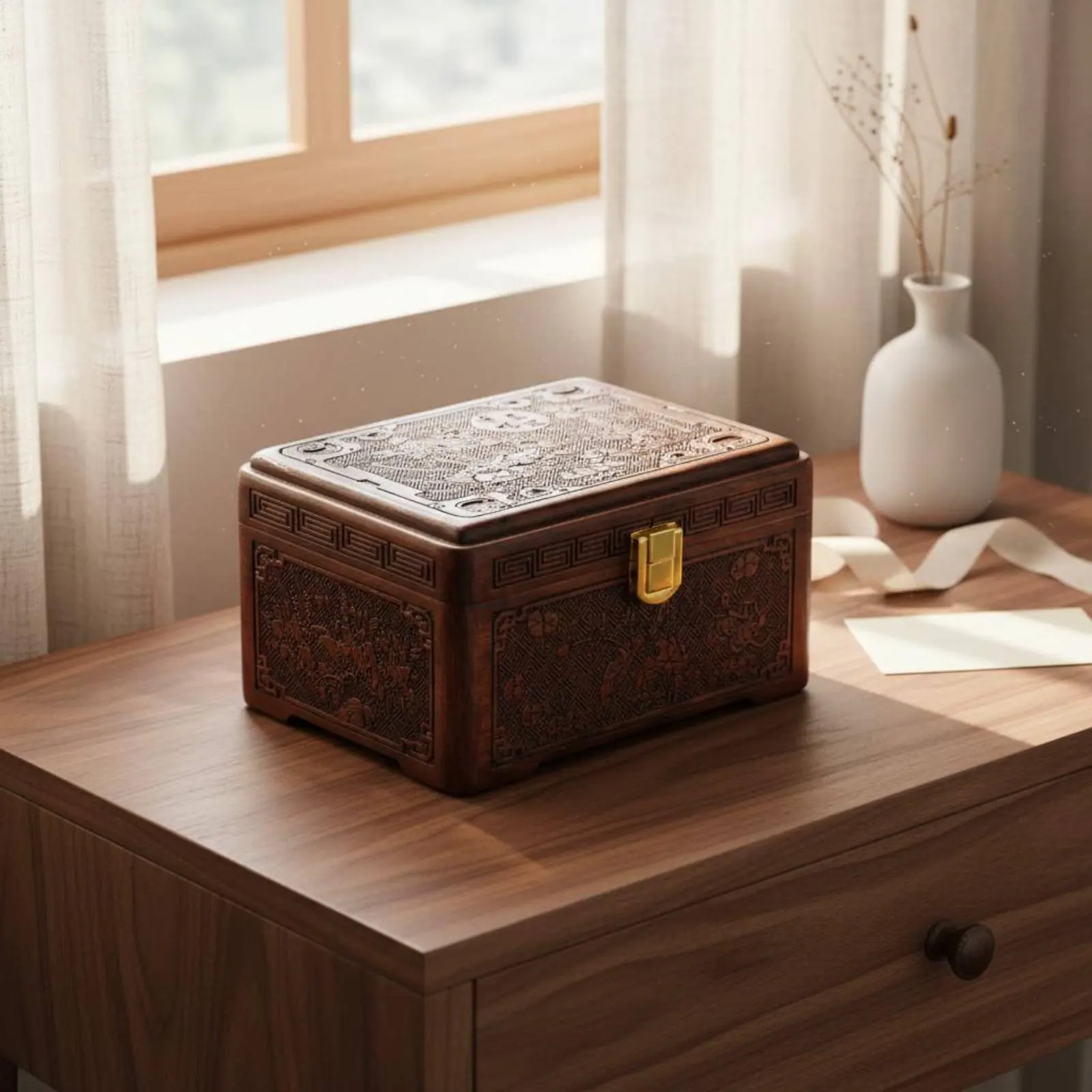 

Wooden Jewelry Box Wedding Gift Traditional Jewelry Case Carved Wood Storage Box Luxurious Textile Lined Multi-Compartment