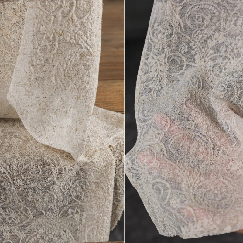 Linen Knitted Jacquard Lace Soft Yarn Fabric Apricot Hemp Embroidered Dress Plant Vine Man Retro DIY Clothing Designer Fabric