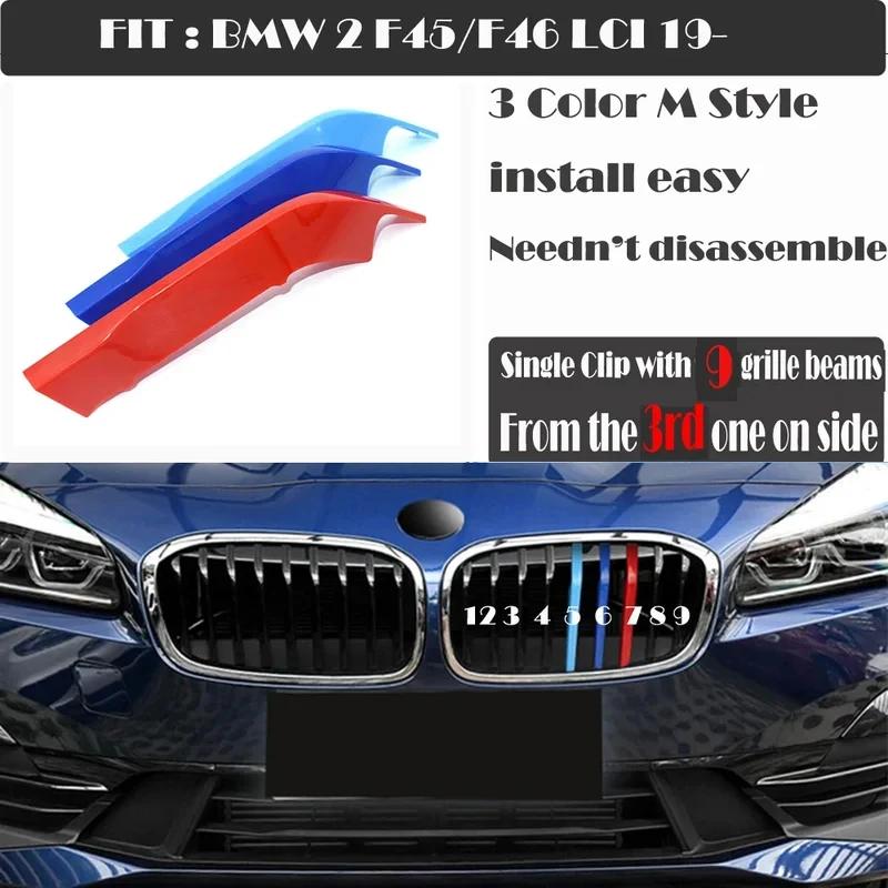 Compatible con BMW Serie 2 F45 F46 LCI ActiveTourer GranTourer 2019-2021, acabado M-SPORT, diseño de rejilla de riñón de 3 colores con inserción de franjas de clip, estilo Racing.
