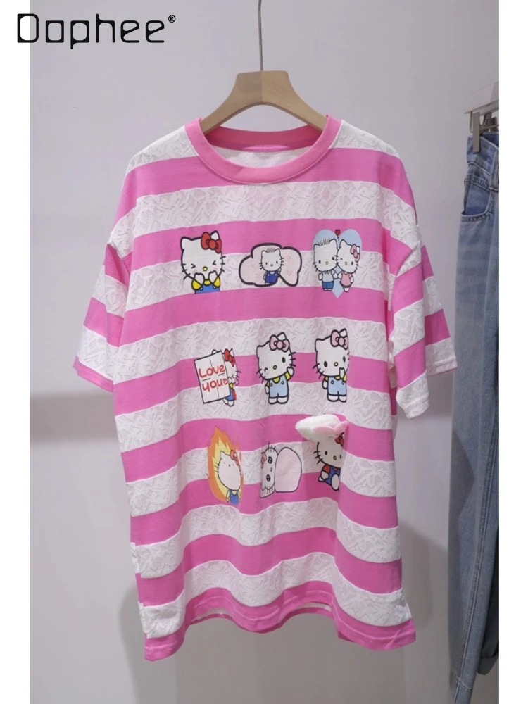 

Lace 3d Doll Pendant Cartoon Cat Print Top 2025 Summer Versatile Loose and Thin Striped Short-sleeved T-shirt Women Tops