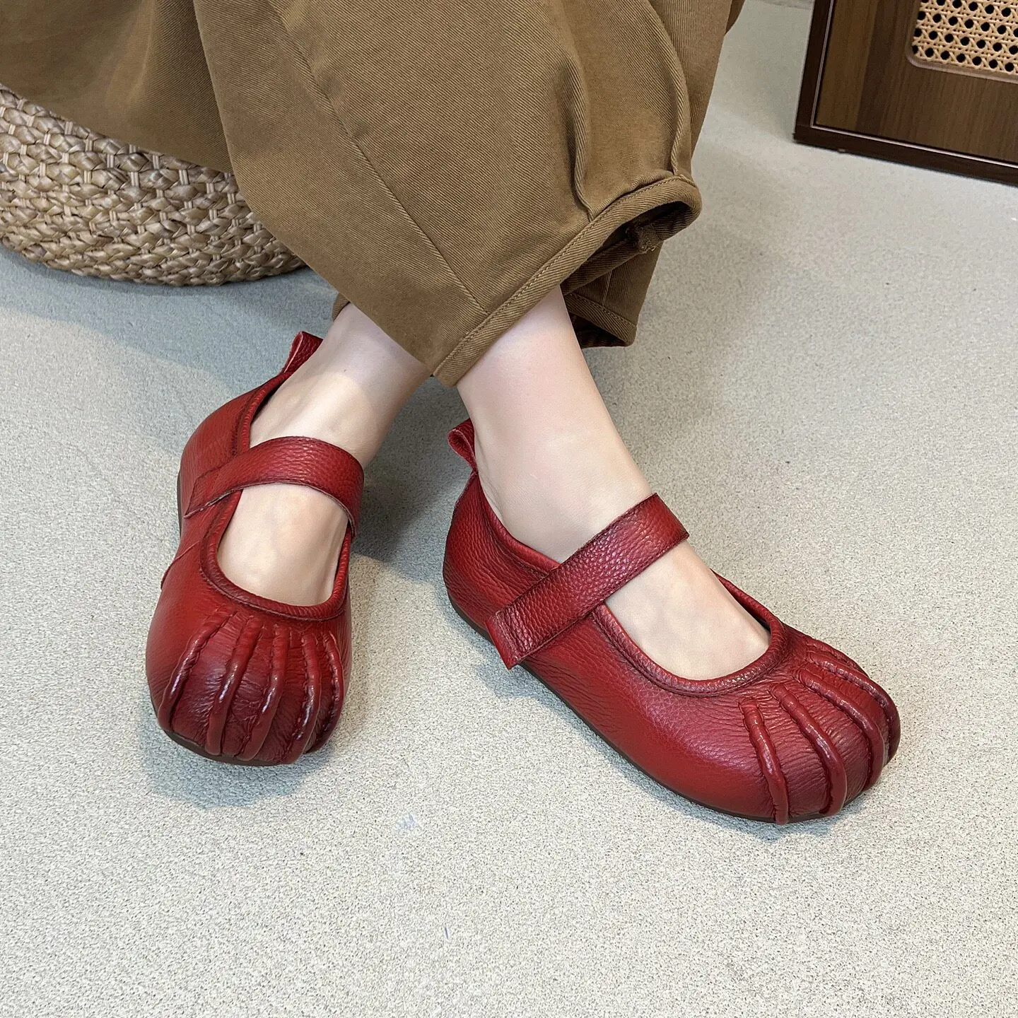 Birkuir Weave Flat Heel Shoes For Women Hollow Out Mary Jane Luxury Shoes Big Head Genuine Leather Hook Loop Shoes For Ladies