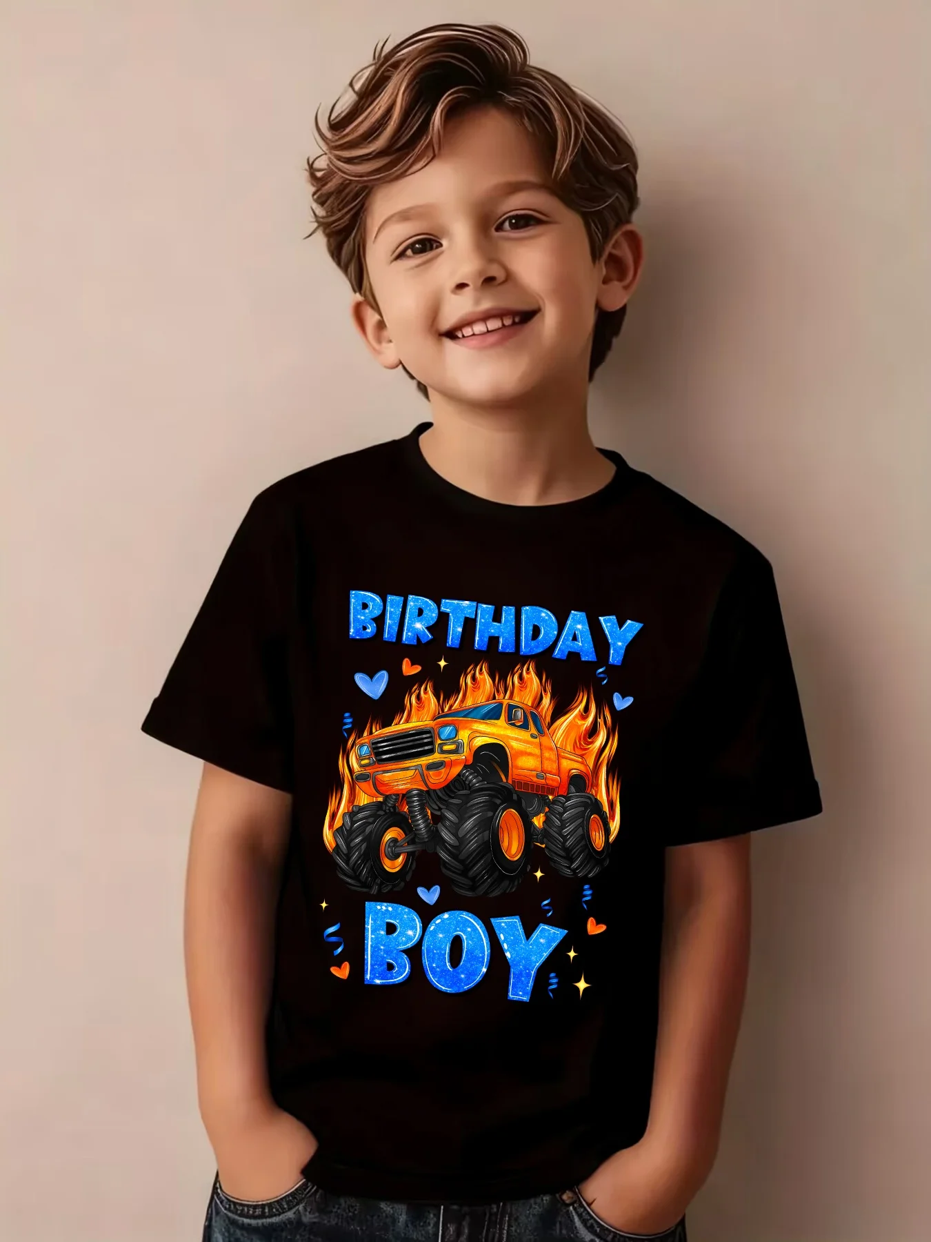 Birthday Boy Flame Monster Truck Heart Print Family Matching Cotton Tees Short Sleeve Tops For Mom Dad Boys Girls Daily Wear