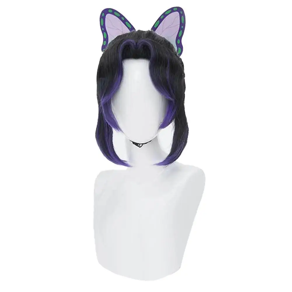 Für Anime Cosplay Perücke Schwarz und Lila Kunsthaar für Halloween Kostümparty mit kostenloser Perückenkappe + Schmetterlingsclip