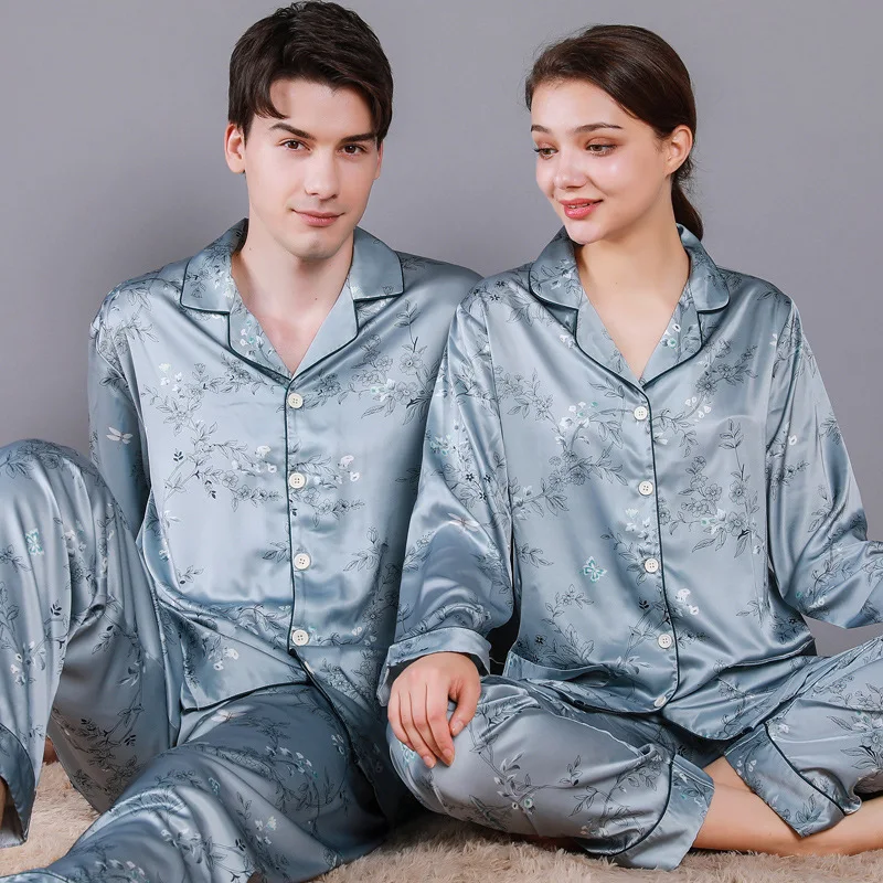 Pijama de seda de cetim feminino para casais primavera verão conjuntos de pijama solto luxo jacquard pijama macio pele-amigável para homem