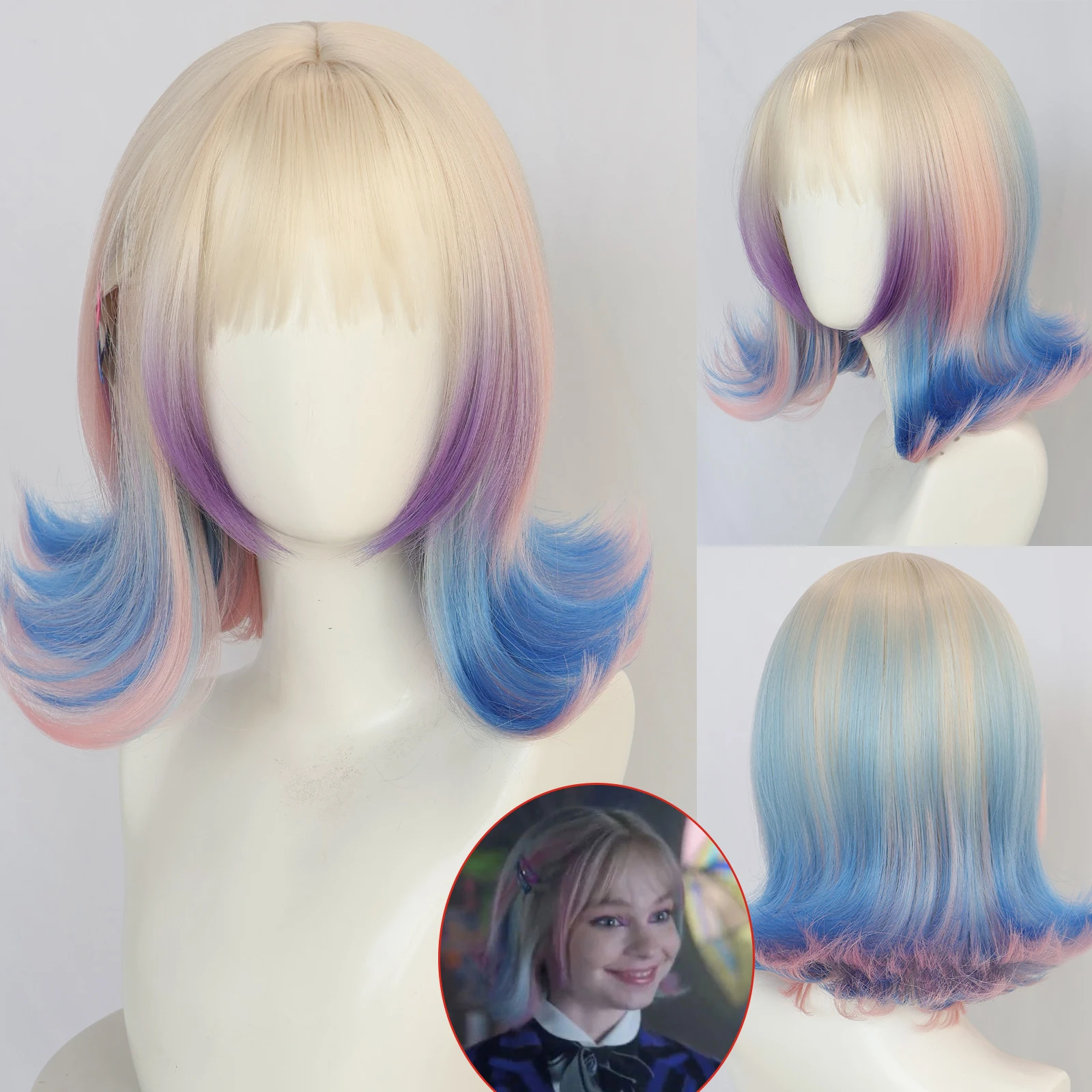 Blonde hair blue pink short micro roll styling movie role-playing wig, heat-resistant synthetic fiber,   role-playing outfit wig